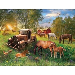 550 Piece Puzzle Rustic Old Farm Red Barn Vintage Rusted Truck Horses Sunrise